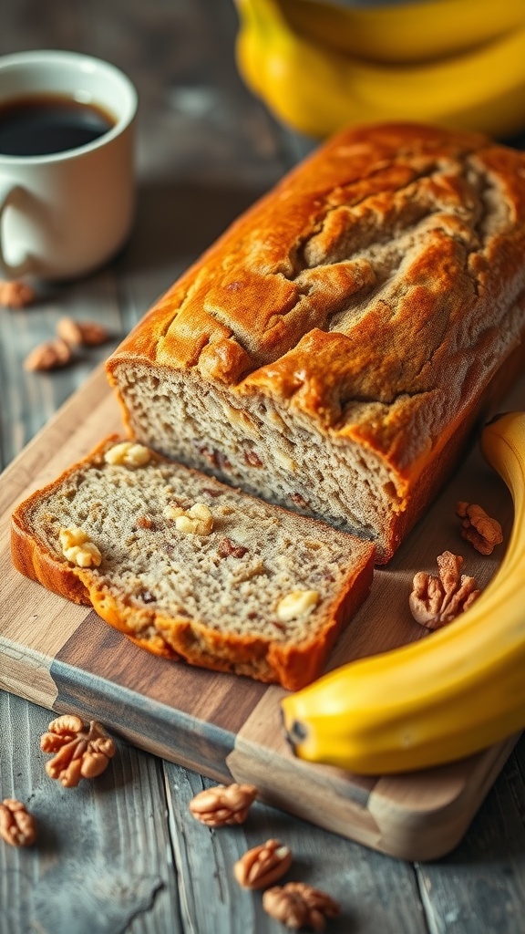 Moist and Delicious Vegan Banana Bread Recipe Sliced vegan banana bread on a wooden board with walnuts and a ripe banana, accompanied by a cup of coffee.